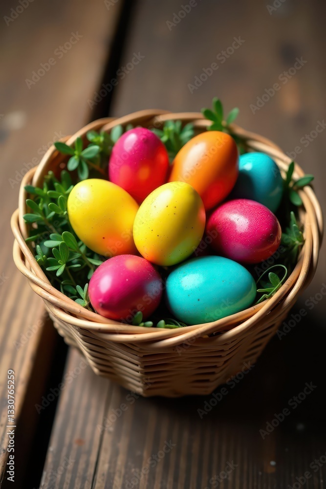 Brightly colored eggs nestled in a basket, wooden surface , texture, rustic Brightly colored eggs nestled in a basket, wooden surface , texture, rustic