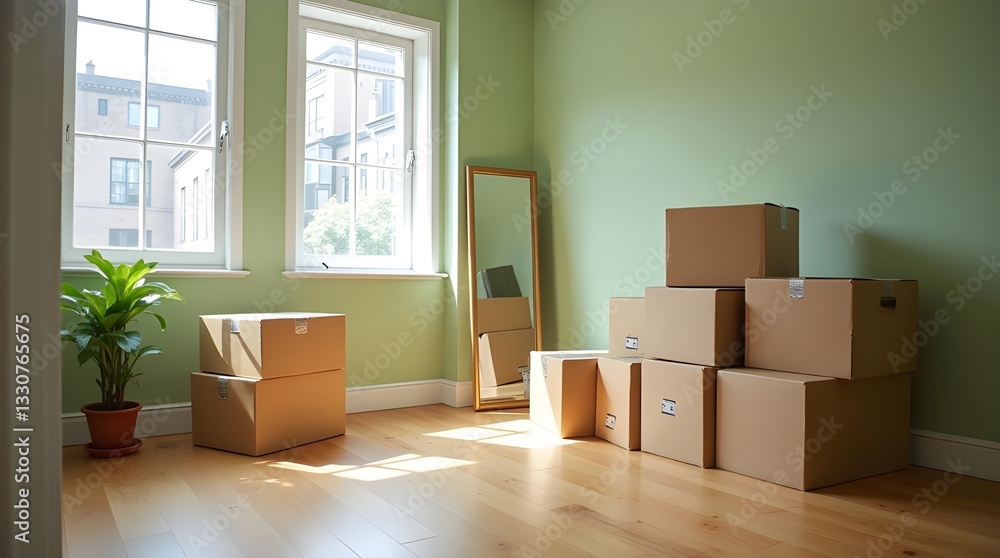 Stacked moving boxes in an empty room with natural light and a cozy atmosphere Stacked moving boxes in an empty room with natural light and a cozy atmosphere