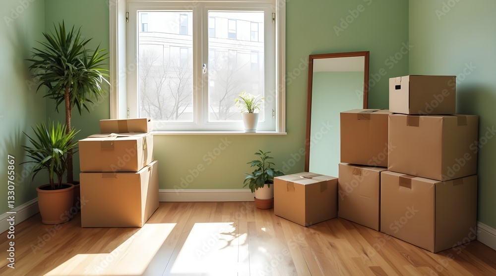 Stacked moving boxes in an empty room with natural light and a cozy atmosphere