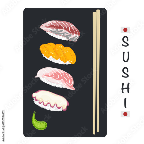 Set of different types of sushi vector illustration. Delicious food. Popular Japanese food. Nigiri sushi. Raw fish on rice. Recipe. Cooking. Menu. Restaurant. For food design, poster and background.