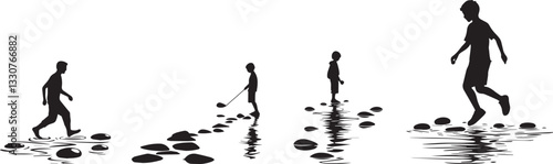 Silhouette of a person skipping stones on a pond vector silhouette