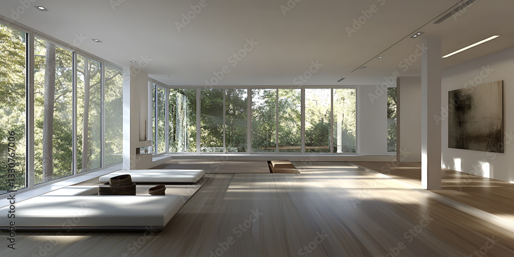 Fototapeta premium Modern Loft Studio with Minimal Decor and Large Windows