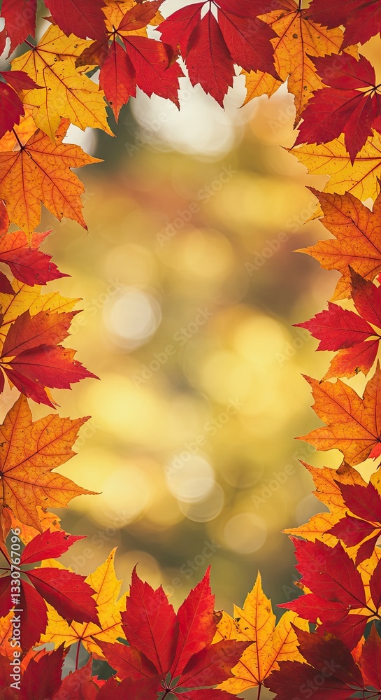 Autumn leaves border with vibrant red and yellow foliage on blurred background Autumn leaves border with vibrant red and yellow foliage on blurred background
