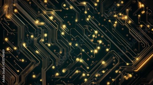 Glowing circuit board pattern with golden lines and lights