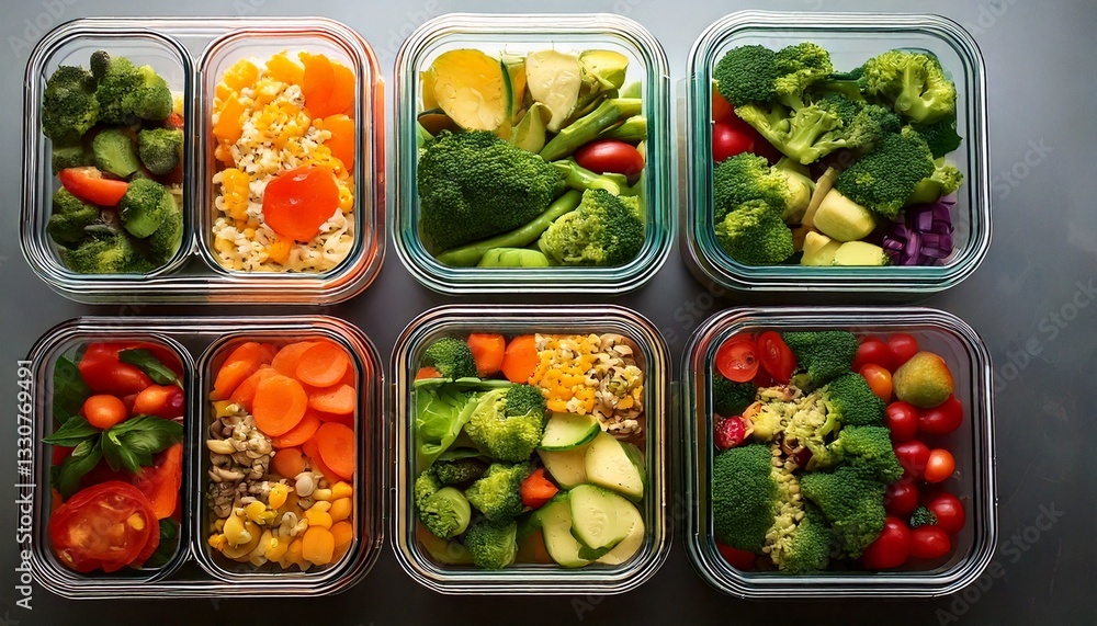 A meal prep setup with several glass containers filled with colorful plant-based meals for the week. A meal prep setup with several glass containers filled with colorful plant-based meals for the week.