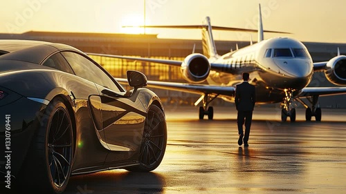 Super car and private jet on landing strip. Business class service at the airport.