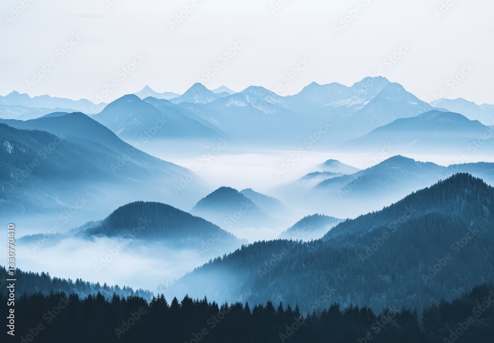Obraz premium Serene Mountain Landscape with Misty Valleys and Blue-Hued Peaks in the Background Capturing Tranquility and Natural Beauty of the Wilderness