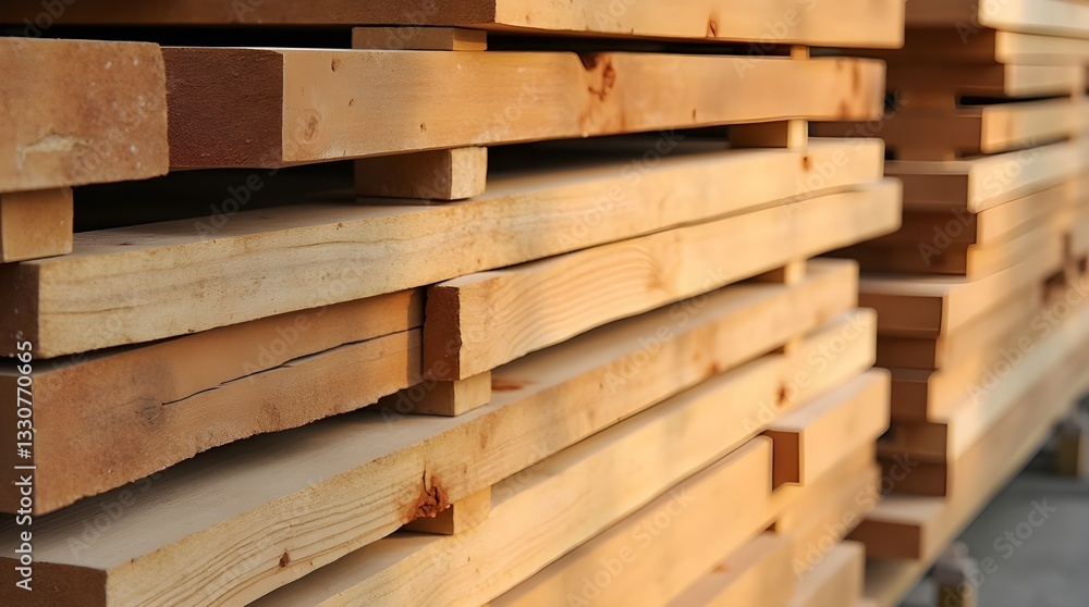 Stacked wood planks with natural grain in a lumber yard Stacked wood planks with natural grain in a lumber yard