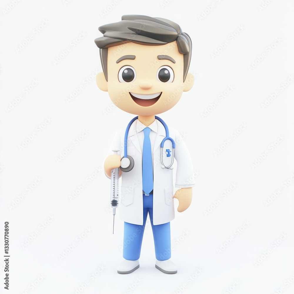 Cheerful Cartoon Doctor Character with Stethoscope and Syringe Representing Health and Wellness in a Lighthearted Style for Educational Material Cheerful Cartoon Doctor Character with Stethoscope and Syringe Representing Health and Wellness in a Lighthearted Style for Educational Material