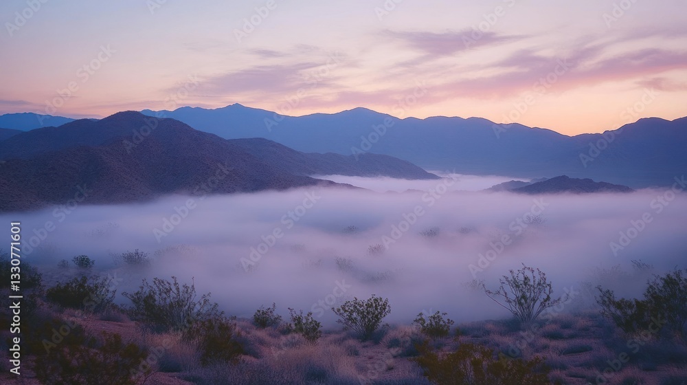 Fototapeta premium Misty landscape displays mountains during a beautiful evening twilight