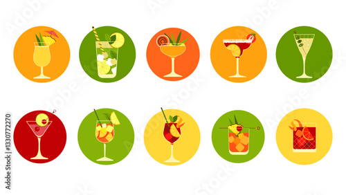 A Collection of Cocktails in Glasses, Vector Illustration.