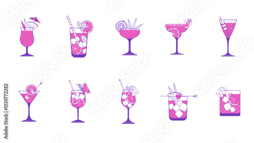 A Collection of Cocktails in Glasses, Vector Illustration.