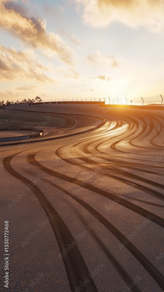 Naklejka premium A large, empty field with a few clouds in the sky. The sun is setting and the sky is a mix of blue and orange
