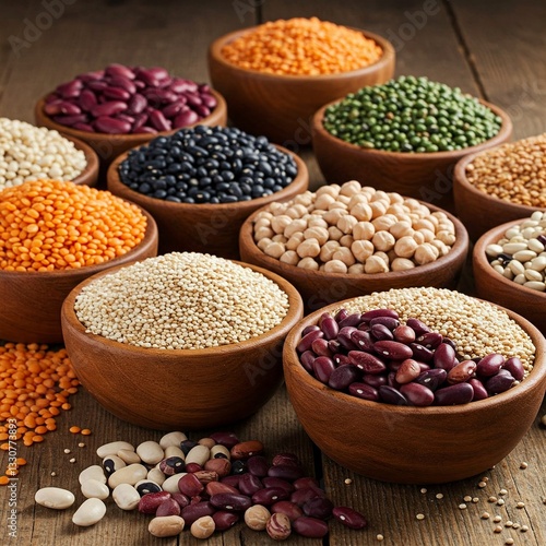 A variety of colorful legumes and grains in rustic bowls, highlighting plant-based protein sources.