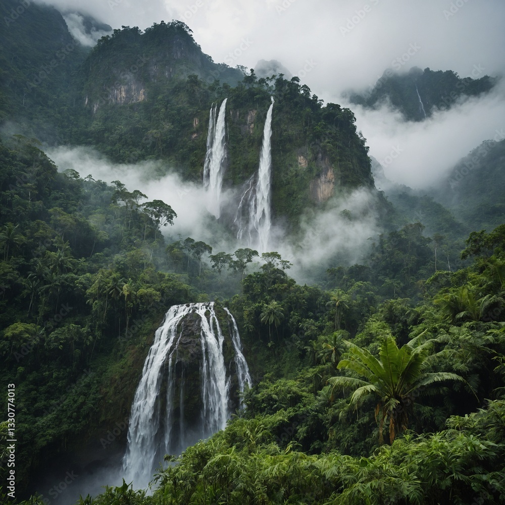 Fototapeta premium A jungle-covered mountain shrouded in mist, where waterfalls cascade down the steep cliffs into a hidden valley of lush greenery below