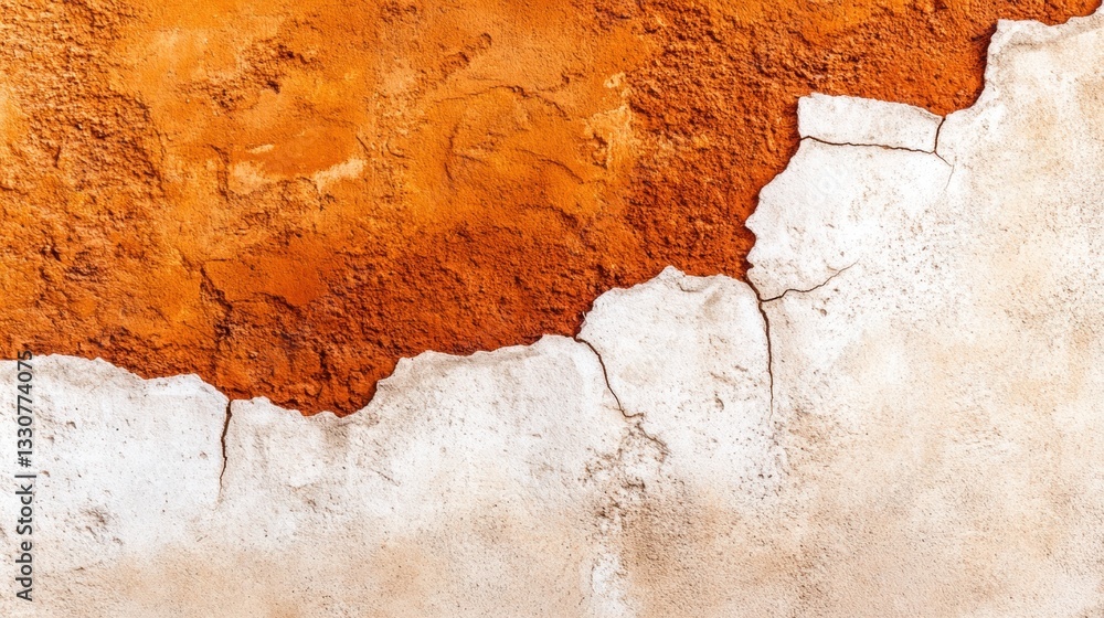 A surface showcases contrasting bright orange and white colors, with visible cracks adding a weathered character in natural light A surface showcases contrasting bright orange and white colors, with visible cracks adding a weathered character in natural light