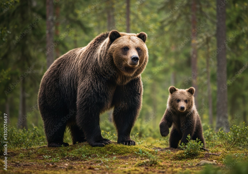 Majestic brown bear and cub exploring a verdant forest Majestic brown bear and cub exploring a verdant forest