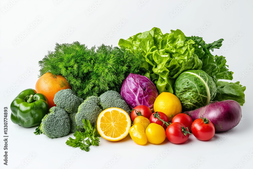 A selection of fresh vegetables and fruits, including lettuce, broccoli, peppers, tomatoes, and citrus, arranged on a white background, showcasing freshness and variety. A selection of fresh vegetables and fruits, including lettuce, broccoli, peppers, tomatoes, and citrus, arranged on a white background, showcasing freshness and variety.