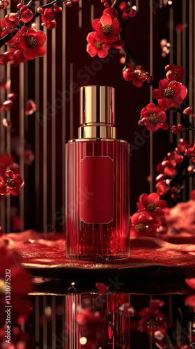 Elegant red perfume bottle surrounded by cherry blossoms and reflections