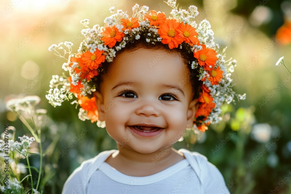 Happy sunny days holidays creative. Smiling mixed-race infant boy with tt hair wearing orange flower crown on his head. Morning rays. Smiling boy with flowers. Boy celebrating summer. Happy sunny days holidays creative. Smiling mixed-race infant boy with tt hair wearing orange flower crown on his head. Morning rays. Smiling boy with flowers. Boy celebrating summer.