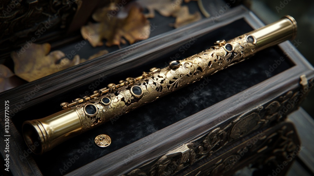 Naklejka premium A golden flute rests inside of a detailed wooden box