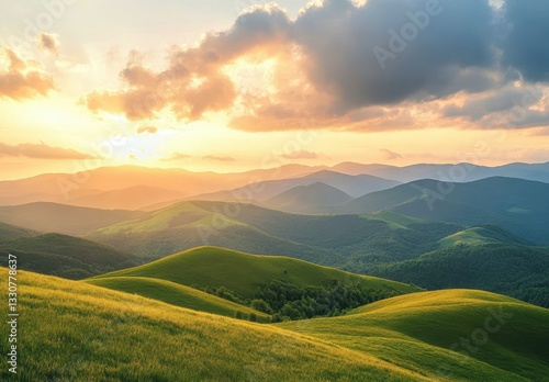 Serene Sunrise Over Rolling Green Hills in Majestic Mountain Landscape with Soft Cloudy Sky Illuminated by Warm Golden Light