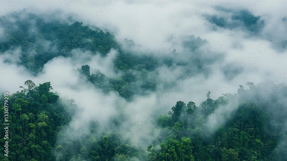 Dense green forest covered partially by soft white clouds Dense green forest covered partially by soft white clouds