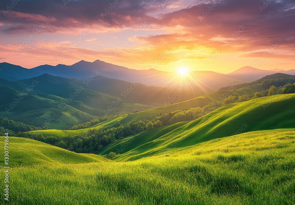 Fototapeta premium Serene Sunset Over Lush Green Hills and Mountains with Vibrant Shimmering Sky in the Background During Beautiful Twilight Hours of Nature