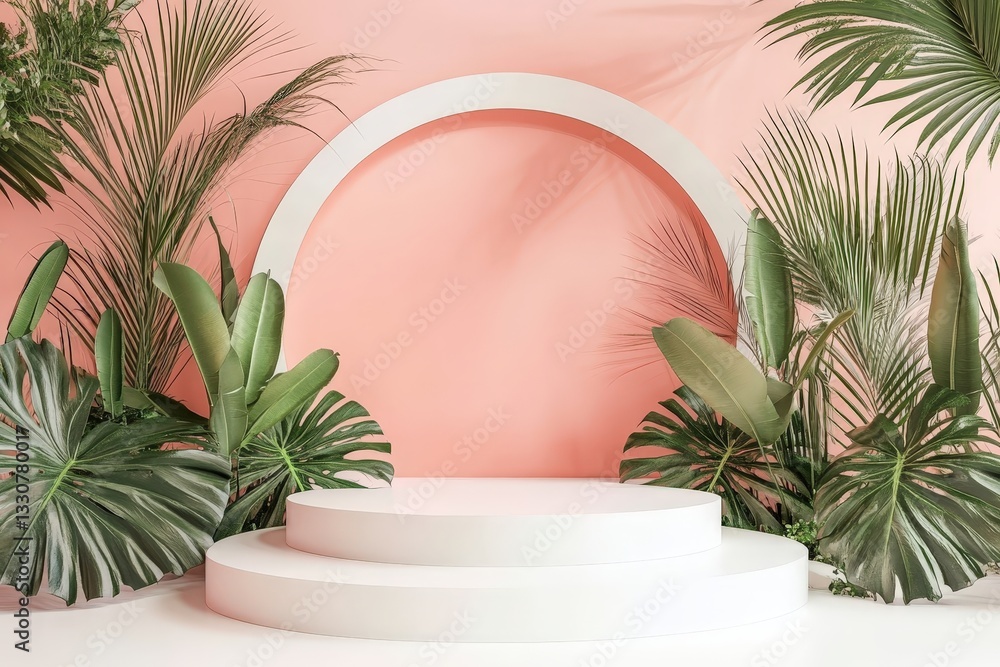 Tropical leaves frame a white platform on a pink background Tropical leaves frame a white platform on a pink background