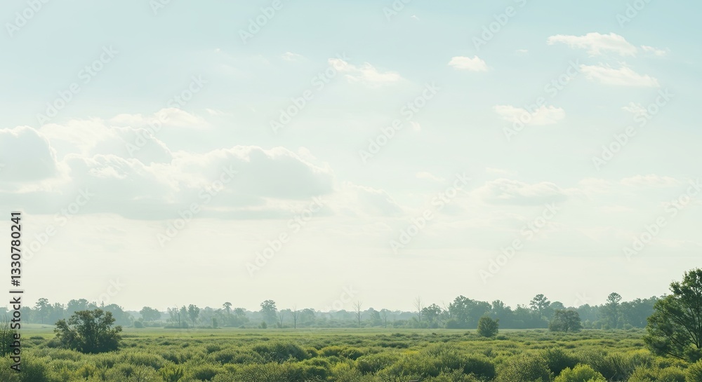 Tranquil summer landscape with lush green fields under blue sky Tranquil summer landscape with lush green fields under blue sky