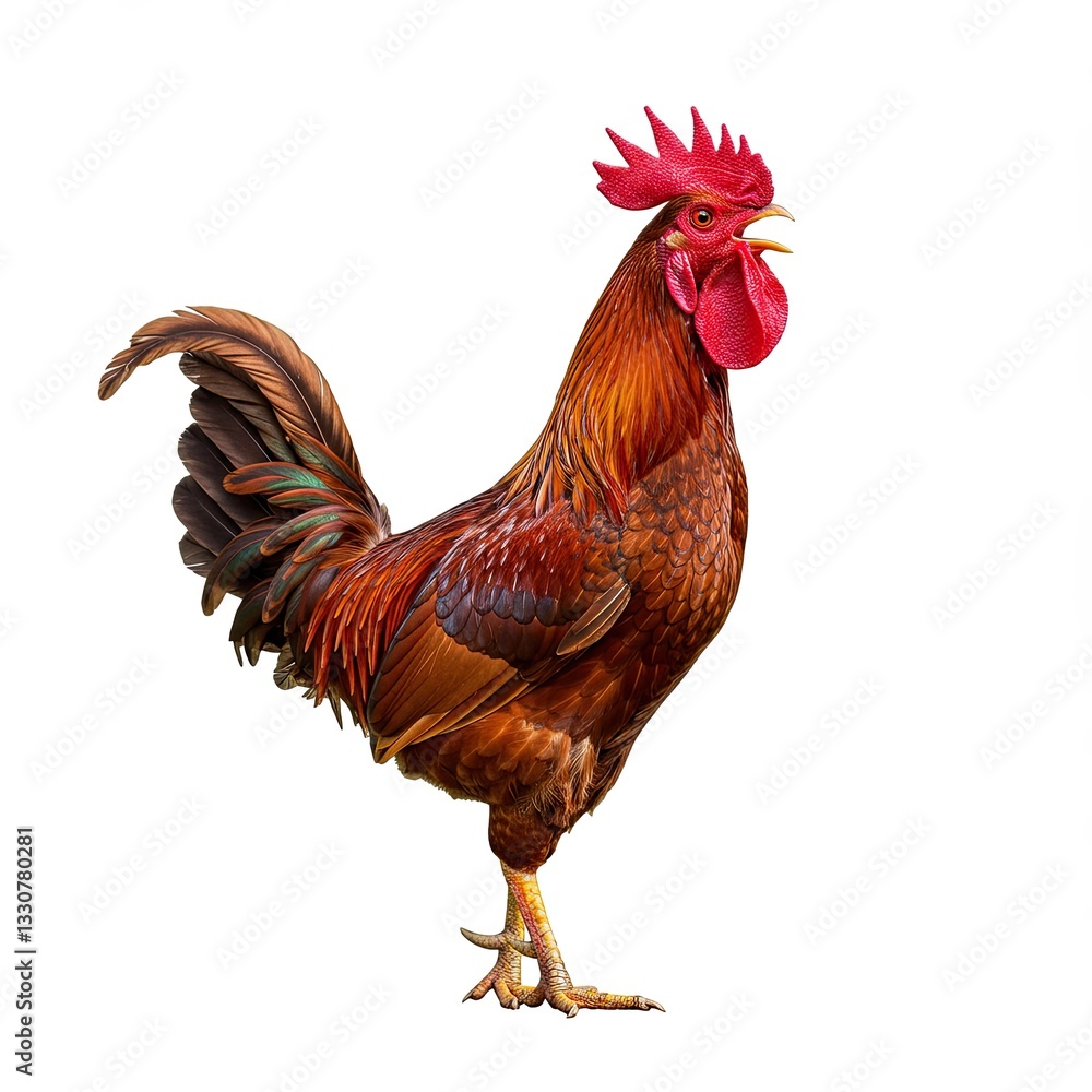 Fototapeta premium Vibrant rooster on white background showcasing majestic feathers and proud stance