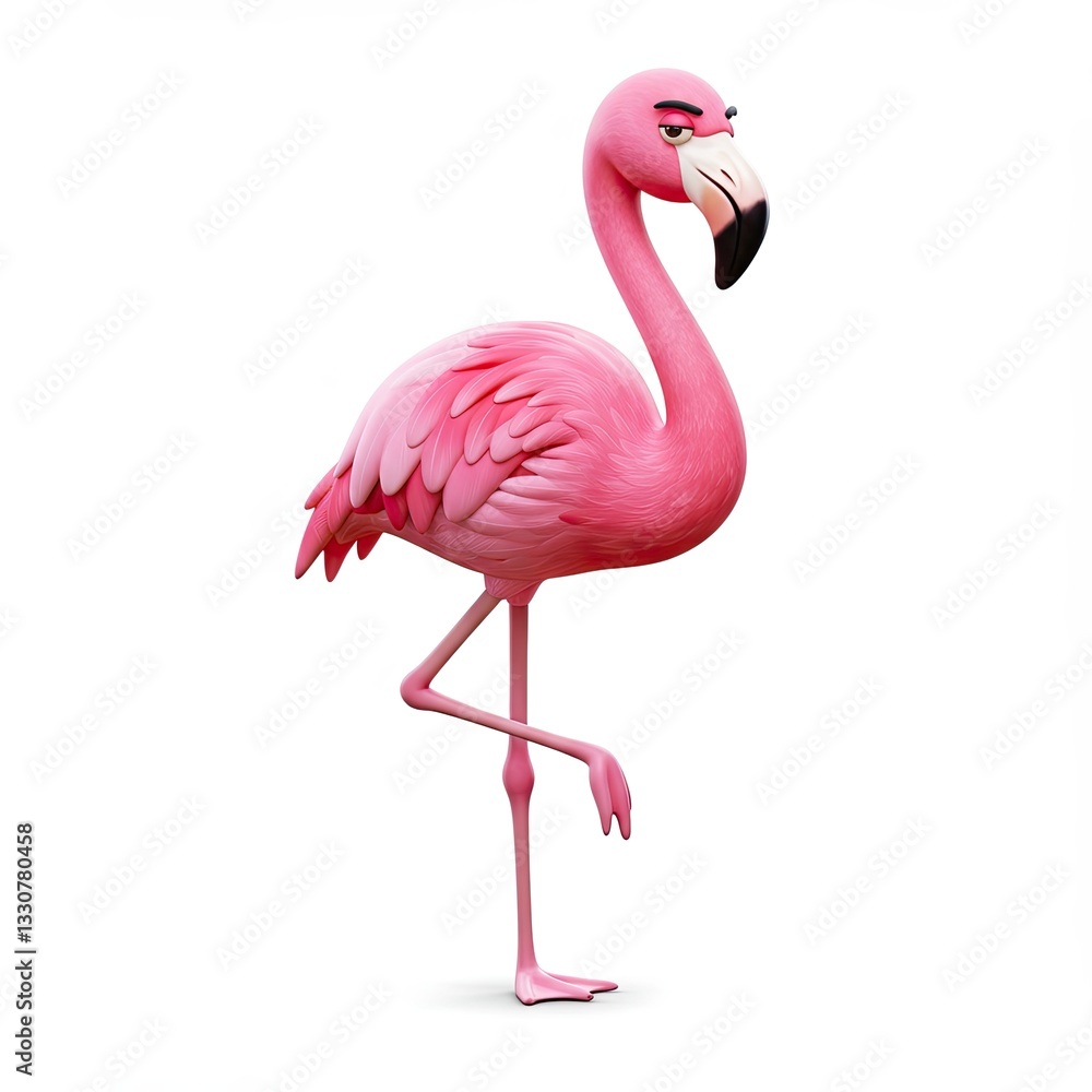 Cartoon pink flamingo standing on one leg with elegant curved neck Cartoon pink flamingo standing on one leg with elegant curved neck