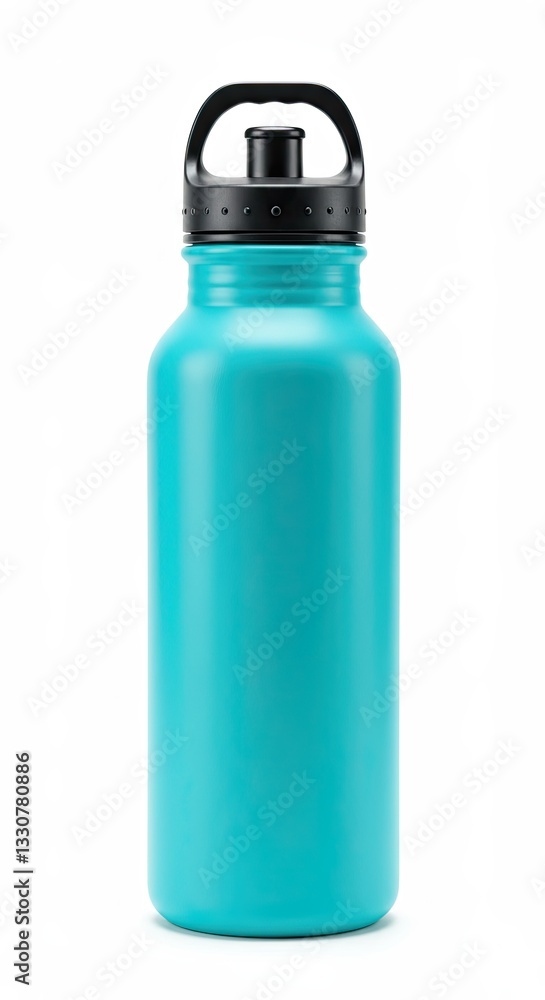Teal reusable water bottle with black lid on white background Teal reusable water bottle with black lid on white background