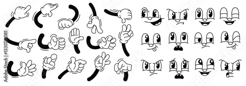 Set of retro cartoon human hands sign and retro funny faces emoticon vector illustration