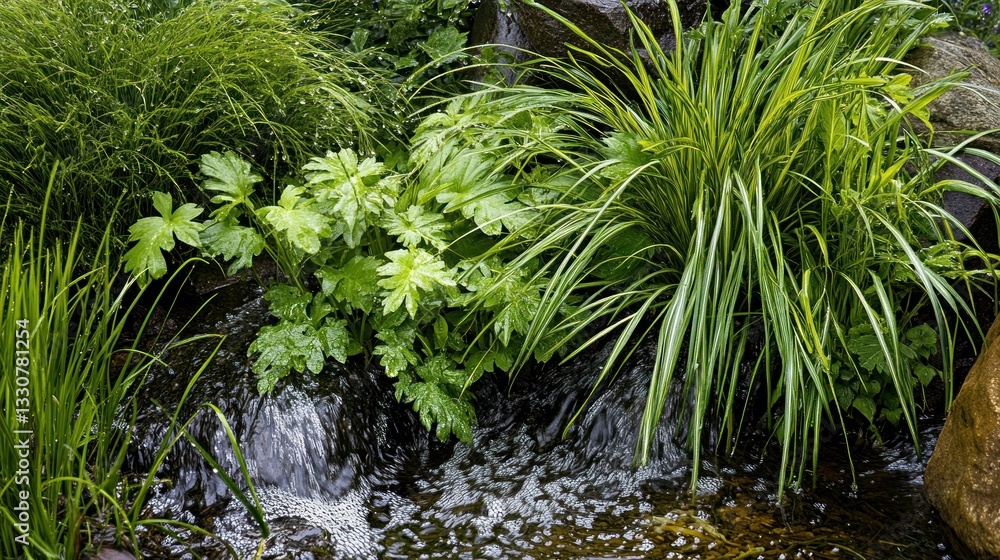 Verdant lush plants surrounding flowing water within a stream Verdant lush plants surrounding flowing water within a stream