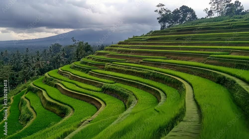 Lush green terraced rice fields in Bali under a cloudy sky showcasing agricultural beauty Lush green terraced rice fields in Bali under a cloudy sky showcasing agricultural beauty