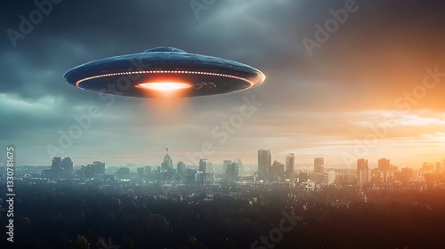 Mysterious UFO hovering over a city at dawn