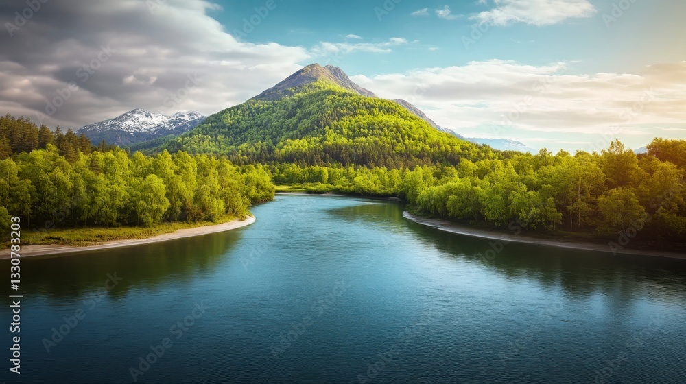 Serene River Landscape with Mountain and Lush Green Forest Retreat Serene River Landscape with Mountain and Lush Green Forest Retreat