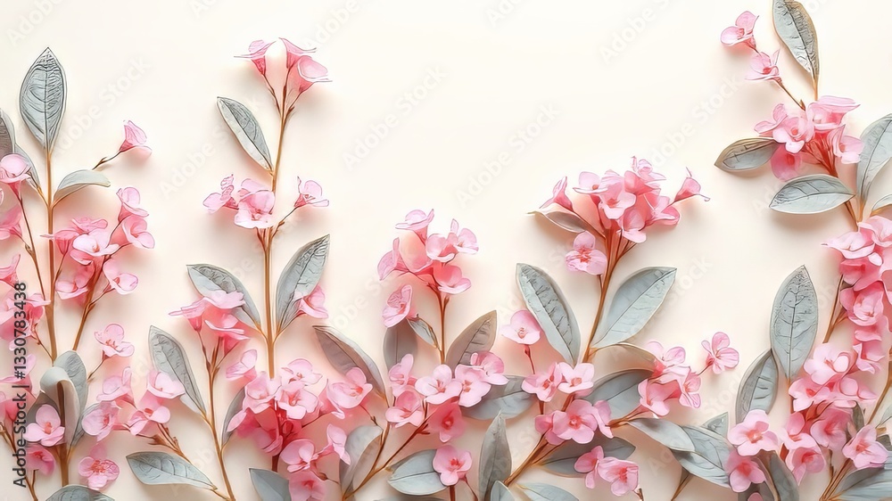 Fototapeta premium Light Pink Flowers Gray Leaves Cream Background Flat Pattern Vibrant AI Photo
