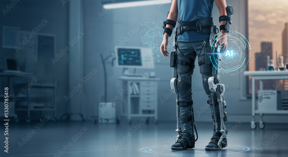 Futuristic exoskeleton for medical rehabilitation. Man wearing robotic leg brace in hospital. Advanced technology for mobility assistance and physical therapy. Futuristic exoskeleton for medical rehabilitation. Man wearing robotic leg brace in hospital. Advanced technology for mobility assistance and physical therapy.