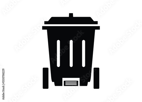 Wheeled trash bin with step pedal. Simple illustration in black and white.