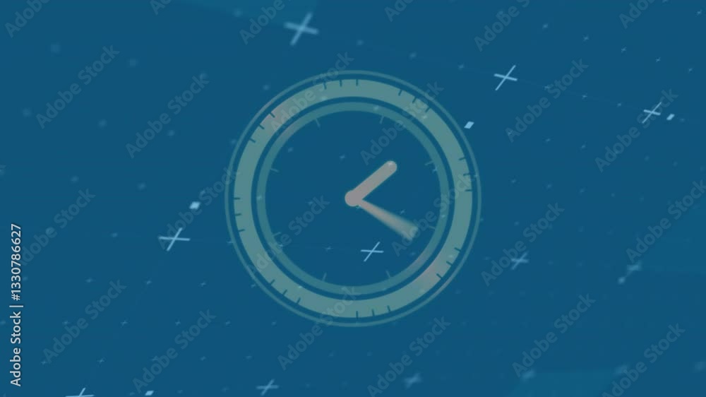 Clock animation with moving hands over blue background with floating crosses Clock animation with moving hands over blue background with floating crosses