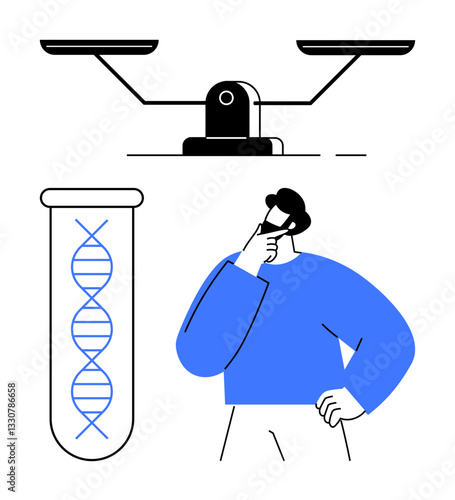 Thoughtful man analyzing DNA strand in test tube near balance scale, reflecting ethical dilemmas. Ideal for science, ethics, biotechnology, decision-making, research, innovation, flat simple metaphor