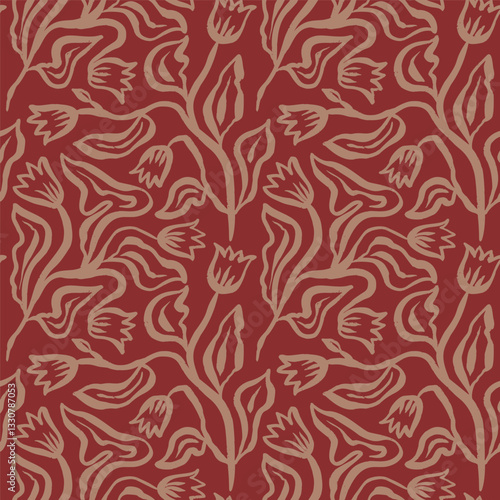 Brush strokes inky flowers brown seamless pattern. Abstract floral contemporary background. Textured botanical minimalist wallpaper