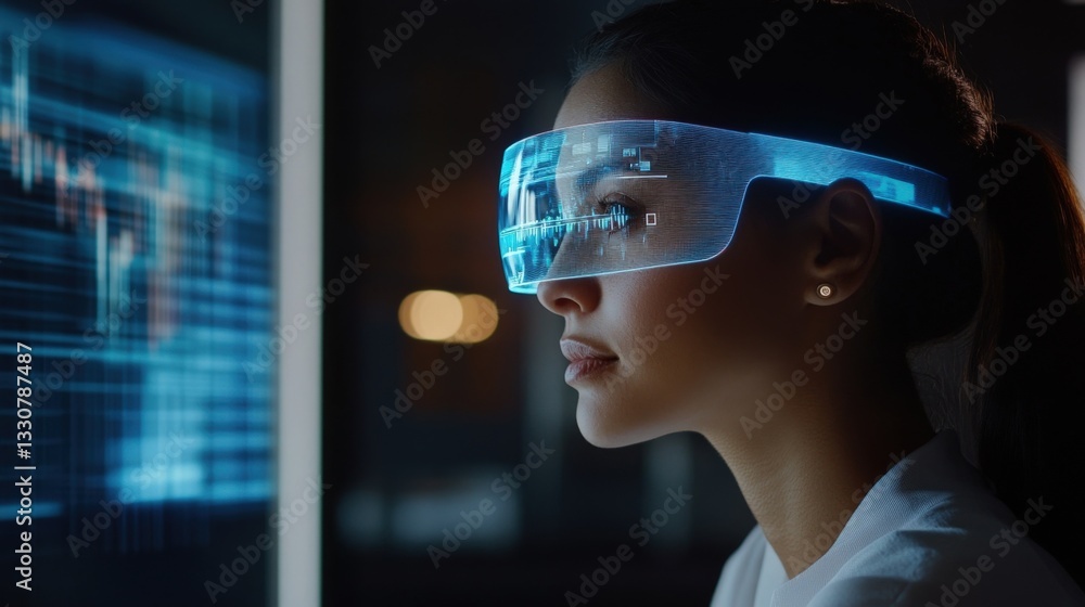 A medium closeup of a professional sitting at a desk with a holographic display illuminating their face as they utilize voice commands to navigate through complex performance metrics A medium closeup of a professional sitting at a desk with a holographic display illuminating their face as they utilize voice commands to navigate through complex performance metrics