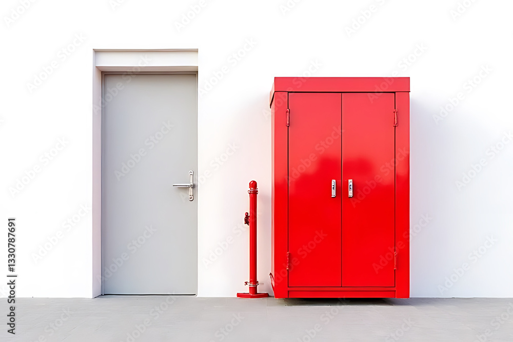 Fire safety equipment cabinet and door industrial area photography minimalist design side view Fire safety equipment cabinet and door industrial area photography minimalist design side view
