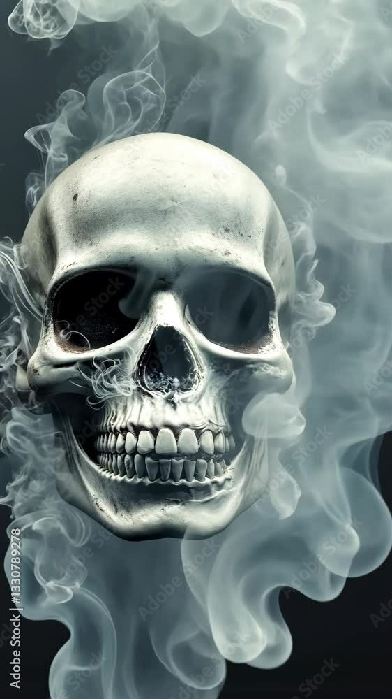 Artistic representation of a skull surrounded by swirling smoke creating a dramatic effect Artistic representation of a skull surrounded by swirling smoke creating a dramatic effect