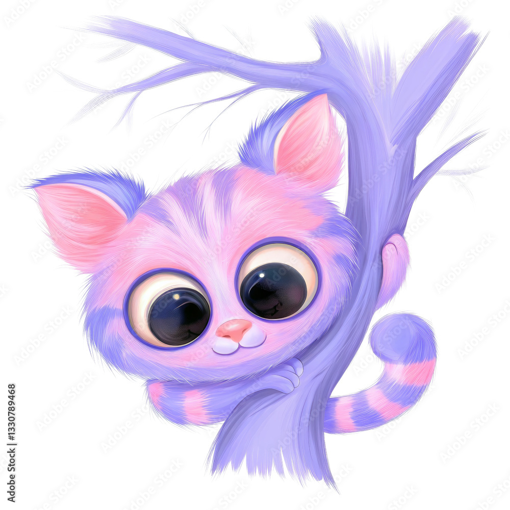 Fototapeta premium National Love a Tree Day Cat Climbing a Christmas Tree concept. A cute, illustrated cat with large eyes peeking from a purple tree branch.