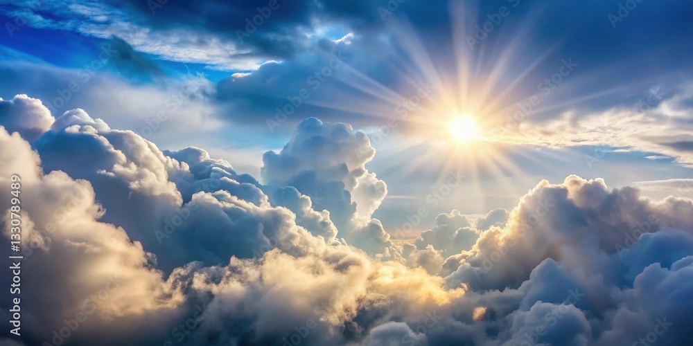 Overcast sky with sun peeking through clouds and fluffy white clouds in the background Overcast sky with sun peeking through clouds and fluffy white clouds in the background