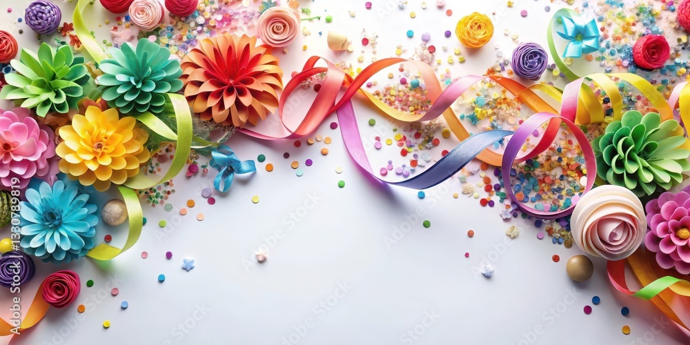 Colorful ribbons and confetti scattered on a white background with a subtle gradient effect , paper flowers, festive atmosphere Colorful ribbons and confetti scattered on a white background with a subtle gradient effect , paper flowers, festive atmosphere